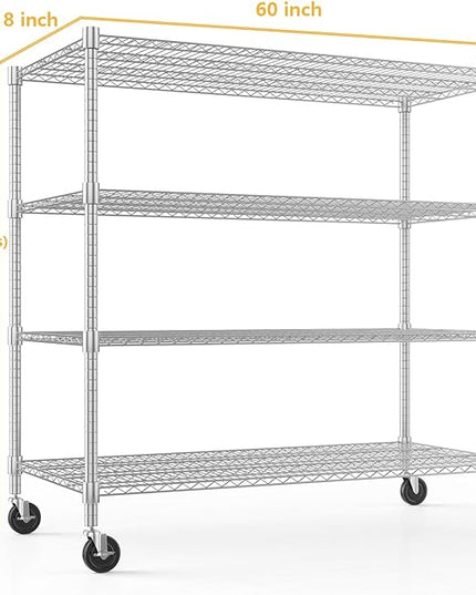 Himimi Storage Shelves with Wheels, 4-Tier Heavy Duty Steel Wire Rack Storage Shelving, Adjustable Metal Storage Shelves for Garage Kitchen Pantry Bathroom Laundry 18" D*60" W*72" H, Silver