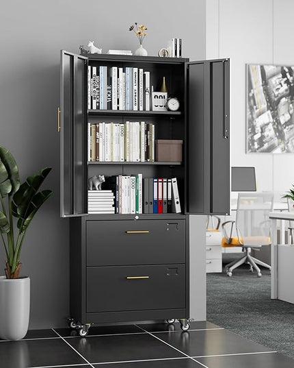 METAN Metal File Cabinet with 2 Drawers and 2 Shelves,Office Filing Cabinet on Wheels with Lock,Office Storage for Letter/Legal Size,Assembly Required,Black