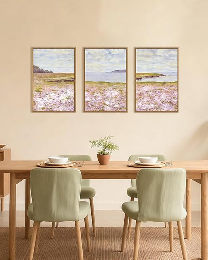HOURIA Watercolor Pink Floral Coastal Landscape Framed Canvas Wall Art Set,Nature Inspired Wildflower & Meadow Cottage Field Wall Decor,Modern Seaside Beach Artwork for Living Room,Farmhouse-24"x36"x3