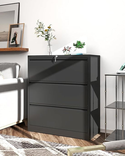 File Cabinets 3 Drawer,Metal Office Storage Filing Cabinet with Lock,Black Lateral Filing Cabinet for Home Office,Horizontal Locking File Cabinets for Legal/Letter/A4,Assembly Require,Black