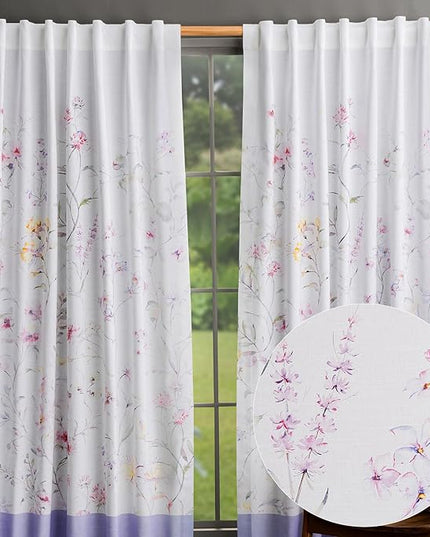 Maison d' Hermine Curtains for Living Room 100% Cotton 124 inch Length Two Panels Light Filtering Curtains for Bedroom Windows with Rod and Loop Pockets Drapes (Summer Floral Lilac, 50" W x 124" L)