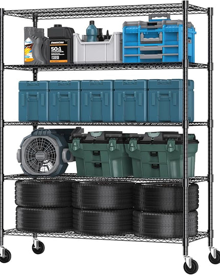 Himimi 82" H Storage Shelves 5 Tier Metal Shelving Adjustable Wire Shelf with Wheels, Heavy Duty Shelving for Garage Kitchen Pantry Bathroom Laundry,18" D*48" W*82" H, Black
