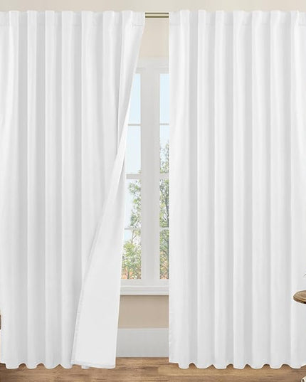 LAMIT White 100% Blackout Linen Curtains 84 Inches Long, Linen Textured Living Room Farmhouse Curtains Full Room Darkening Back Tab and Rod Pocket Panels with White Liner, 2 Panels, 60 x 84 Inch