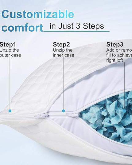 NTCOCO Cooling Bed Pillows King Size Pack of 2 for Sleeping Shredded Memory Foam Bed Pillows Adjustable Gel for Side Stomach Back Sleepers Washable Removable Cover