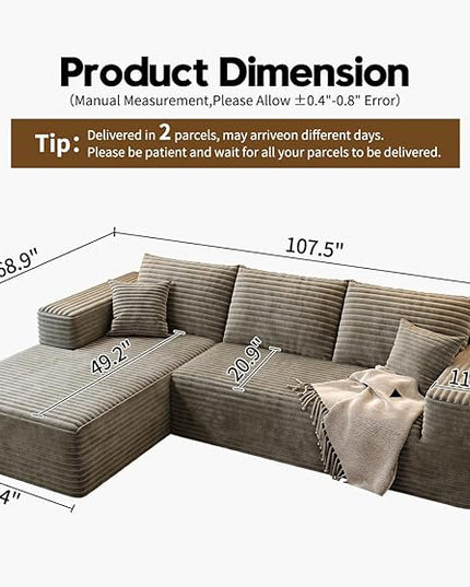 107.5" Cloud Modular Sectional Sofa Couch with L-Shape Chaise,Modern Minimalist Upholstered Couches for Living Room Bedroom,Deep Seat Corner Couch，No Assembly Required (Camel,Left Facing Chaise)