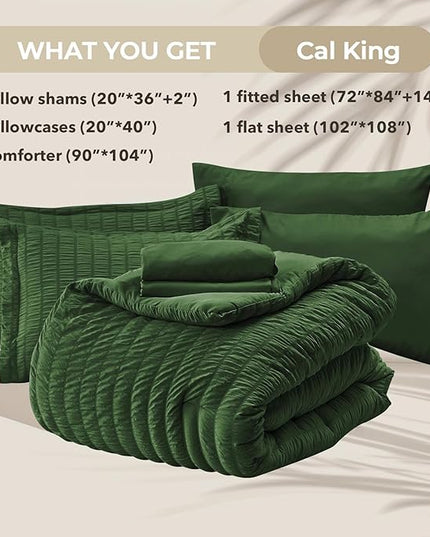 HYMOKEGE Dark Green California King Comforter Set Seersucker 7 Pieces, All Season Luxury Bed in a Bag Queen for Bedroom, Bedding Set with Comforter, Sheets, Pillowcases & Shams