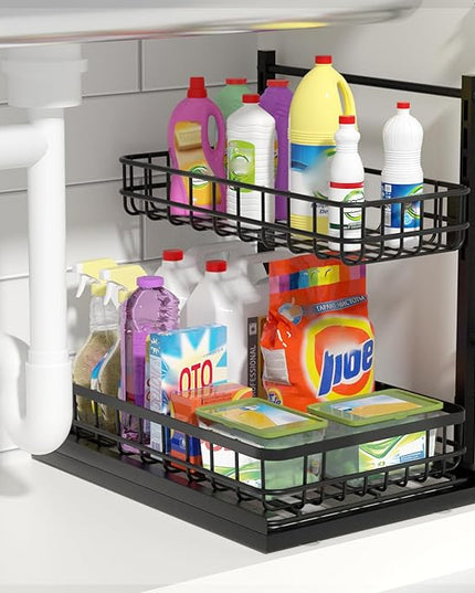 Under Sink Organizer, Adjustable Height Pull-Out Kitchen Storage Organization,15.8" x 11.8" x 16.5", 2-Tier Kitchen Shelf, Bathroom Drawer Organizer, 2 Pack|Black