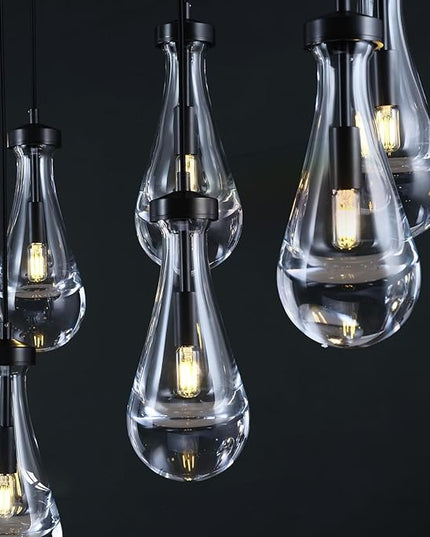 Raindrop 9-Light Chandelier for Dining Room, Black Rectangular Teardrop Pendant Lights with Hand-Blown Glass, Adjustable 138" Ropes, Light Fixture Over Table, Kitchen Island, Entryway, Foyer