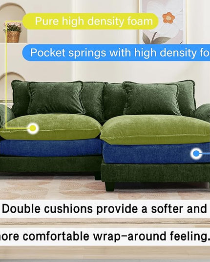 86" Modular Sectional Sofa, Comfy Cloud Couch Sectional Sofa with Ottoman, Chenille Sofa Sleeper Deep Seat Sofa with Throw Pillows for Living Room (Green, 86"- L Shape)