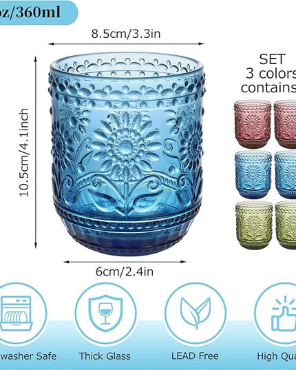 Glass Cups, Vintage Glassware Drinking Glass Set of 6, 12oz Colored Glassware with Sunflower Design, Embossed Floral Decorative Glasses Drinking Set for Cocktail, Wine, Vintage Drinking Glasses