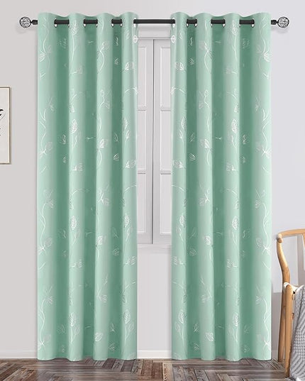 BUHUA Wave Silver Leaf Print Blackout Curtains for Living Room Darkening Curtains Light Blocking Curtains for Bedroom 52W×63L Silver Aqua 2 Panels
