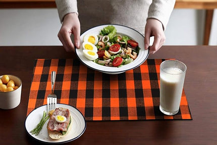 Urban Villa Halloween Placemats for Dining Table 100% Cotton Placemats 14''x20'' Over Sized Tablemats Set of 6 Placemats Orange/Black Color Buffalo Check Tablemats for Dinners Wedding PartiesPlacemats