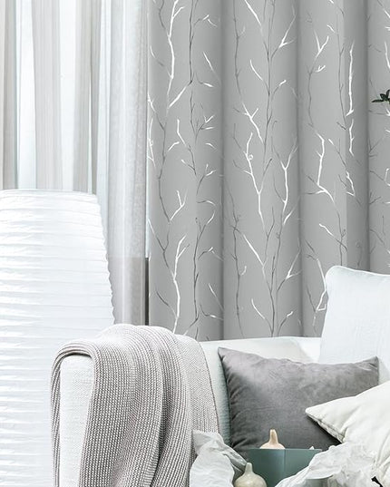 BUHUA Floral Branch Print Blackout Curtains for Living Room Darkening Curtains Print Pattern Light Blocking Curtains for Bedroom 52W×63L Silver Grey 2 Panels