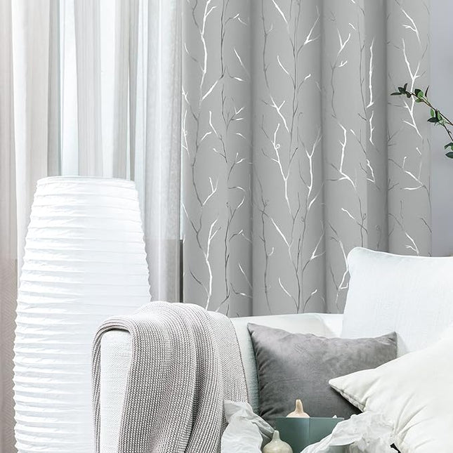 BUHUA Black Out Curtains 108 Inch Long 2 Panels, Soundproof Curtains with Elegant Silver Tree Branches Print, Heat Blocking Curtains for Livingroom, 52W x 108L, Silver