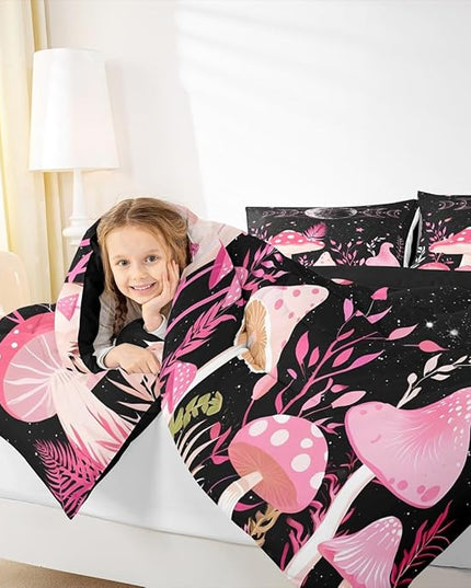 Mushroom Kids Comforter Set King Size,Sun Moon Starry Sky Planet Romantic Bedding Set,Boys Girls Adults Room Decor,Plants Leaves Boho Trippy Down Comforter,Pink Dreamy Duvet Insert,2 Pillowcases