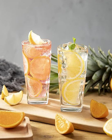Le'raze Set of 4 Everyday Drinking Glasses - Square Tall Glass Cups Drinkware Kitchen Collins Glasses for Cocktail, Iced Coffee, Beer, Ice Tea, Wine, Whiskey, Water Glassware Sets