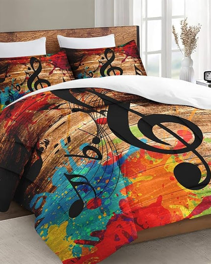 Twin Size Comforter Set with Pillowcase, Musical Music Disco 2 Pcs Bedding for Kids and Adults, Black Retro Woodboard Soft Comforter Set for Bedroom Bed Decor