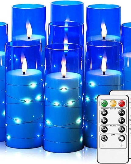 Flickering Flameless LED Candles,Battery Operated Candles 9 Pcs with Embedded Star String,Acrylic LED Pillar Candles with Remote,Suitable for Home Decoration to Create an Atmosphere (Blue)