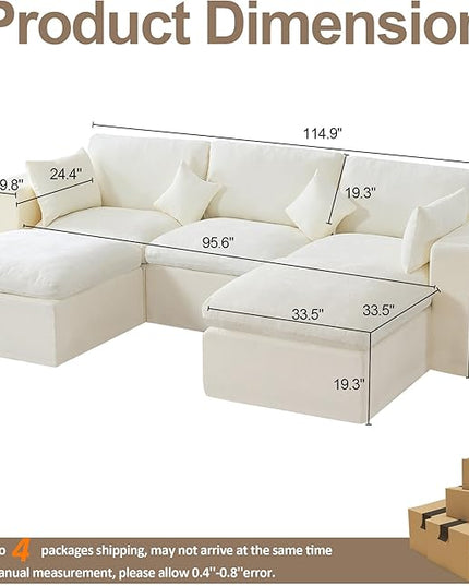 115'' Cloud Boneless Sectional Couch, Modular Sectional Sofa Deep Seat with 2 Ottomans, Oversized Upholstered Convertible Comfy 5 Seater Chenille Sofa U Shape Couches for Living Room, Beige