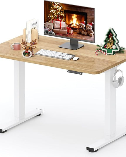 SANODESK Standing Desk Height Adjustable Electric 40x24 Inches Sit Stand Desk for Home Office Ergonomic with Splice Board Two Hooks, White Frame/Maple Top