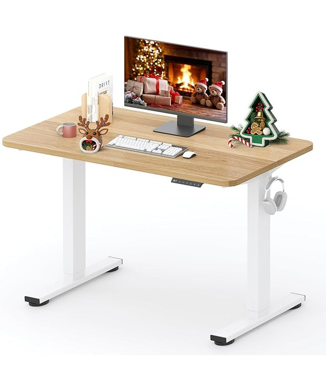SANODESK Standing Desk Height Adjustable Electric 40x24 Inches Sit Stand Desk for Home Office Ergonomic with Splice Board Two Hooks, White Frame/Maple Top