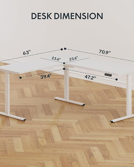 SANODESK L Shaped Standing Desk Adjustable Height, Electric Corner Standing Desk, 71 x 63 inch Sit Stand Computer Table with Splice Board, White
