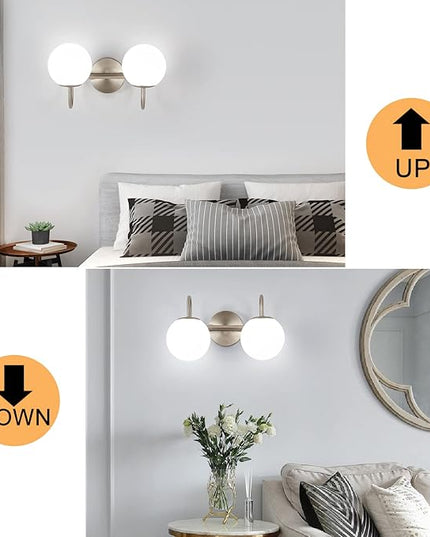 Modern Bathroom Vanity Light Fixtures Brushed Nickel 2 Lights Milk White Globe Glass Shade Modern Wall Sconce Lights Vanity Lights Over Mirror(Exclude G9 Bulb)