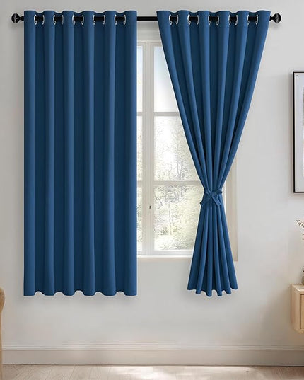 JIUZHEN Classic Blue Blackout Curtains with Tiebacks Thermal Insulated, Light Blocking and Noise Reducing Grommet Curtains for and Living Room, Set of 2 Window Curtain Panels, 70 x 63 Inch Length