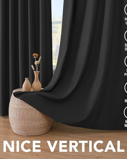 H.VERSAILTEX Bedroom Curtains Blackout Linen Blackout Curtains 84 Inches Long, 100% Blackout Thermal Textured Linen Look Curtain Draperies Grommet with White Liner, 2 Panels, Black