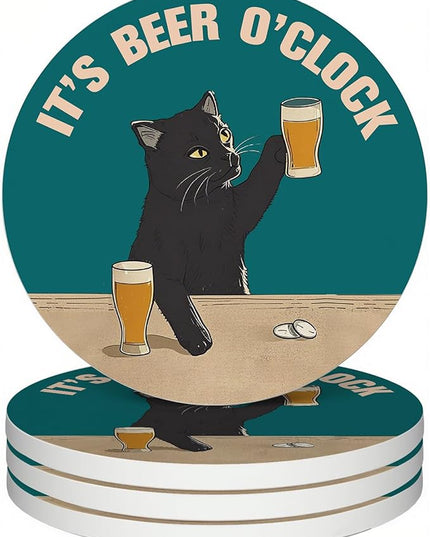zcyhtqp, It's Beer O'Clock, Funny Absorbent Round Ceramic Stone Coasters Set of 4 with Cork Base, Funny Bar Coasters, Cat Lover, Gifts for Home, Bar, Office Table Décor