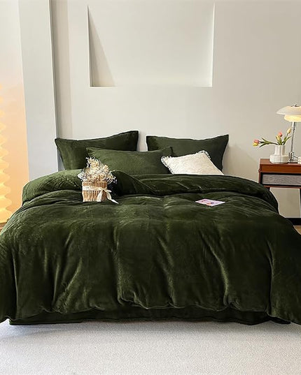 Luxlovery Army Green Velvet Comforter Set California King Dark Green Flannel Bedding Set Solid Bedding Set Thick Soft Breathable Blanket Quilts Winter Comforter Set