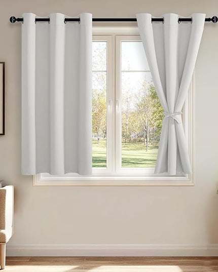 JIUZHEN Blackout Curtains with Tiebacks - Thermal Insulated, Light Blocking and Noise Reducing Grommet Curtain Drapes for Bedroom and Living Room, Set of 2 Panels, Greyish White, 38 x 54 Inch Length