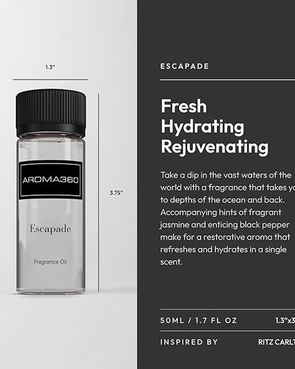 Aroma360 - Escapade Fragrance Oil Scent - Luxury Aromatherapy Scent Diffuser Oil - Hints of Lemon, Ocean, Bergamot, & Fragrant Jasmine - for Essential Oil Diffusers - for Home & Office - 50ML