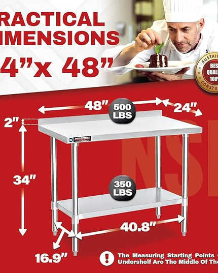 DuraSteel NSF Stainless Steel Table - 24 x 48 Inch Metal Work Table w/Undershelf - Commercial Kitchen, Restaurant, Garage, Laundry - Outdoor Stainless Steel Prep Tables Countertop Island Grill Small