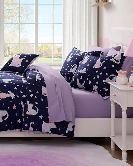 Full Size Comforter Set for Girls-7 Pieces Cute Cat Full Bedding Sets for Kids, Ultra Soft Bed in A Bag with Sheets