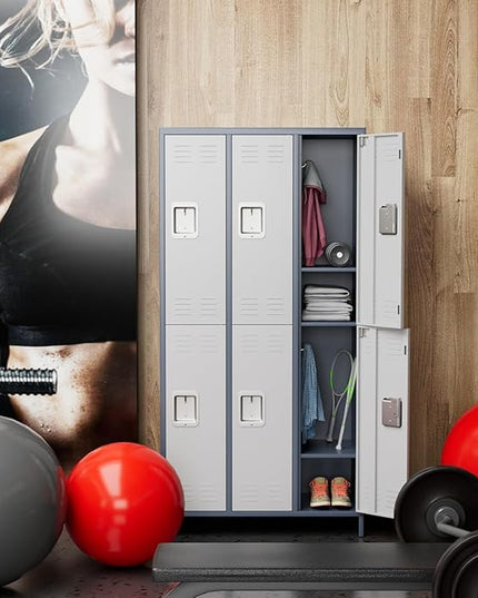 Aobabo Metal Storage Locker for Employees, 6 Doors Metal Locker for Garage, Office, Gym, Dormitory, Industrial Storage with 18 Hooks, Assembly Required, Grey White