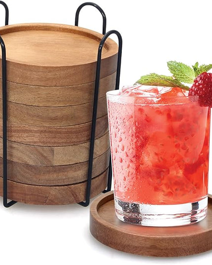 Rustic Wooden Coasters Set of 8 Farmhouse Coffee Table Decor Acacia Wood Drink Coaster with Holder Modern Outdoor Bar Cool Cup Costers Kitchen Accessories Decoration Home Dining Coasters Gift