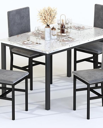 AWQM Dining Table Set for 4, Modern Marble Dining Table Set with 4 Upholstered Velvet Chairs,Dining Room Table Set for Kitchen, Breakfast Nook, Dining Room, Grey