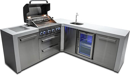 Mont Alpi MAi400-D90BEV 32-Inch 4-Burner 78000 BTU 90 Degree Corner Deluxe Stainless Steel Gas Outdoor Kitchen Barbecue Gas Island Grill w/Wine Cooler Beverage Center Refrigerator + Faucet & Sink
