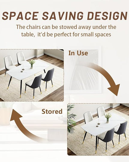 White Dining Table Set for 4, 62'' Dining Table Set for 4, Sintered Stone Dining Room Sets for 4, Easy to Assemble
