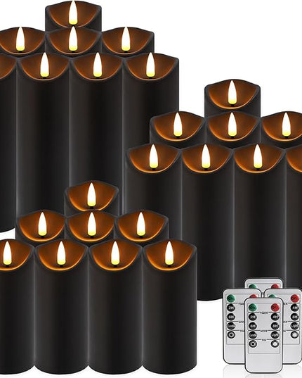 24 Pack Halloween Decoration Flickering Flameless Candles, Battery Operated LED Pillar Candles with Remote Control and Timer.for Home Decor (D2.2 xH 5" 6" 7" Black)