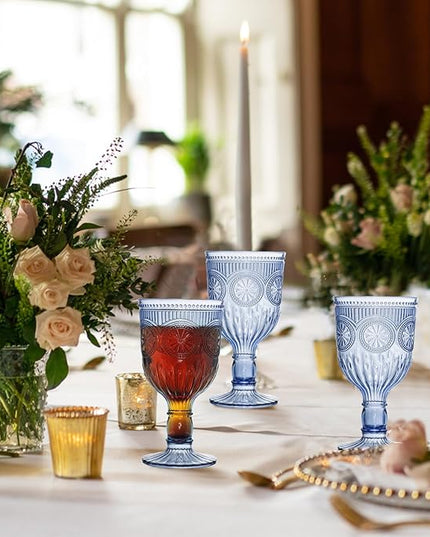 24 Pack Vintage Wine Glasses, Plastic Reusable 12 Ounce Colored Water Goblets, Unique Flower Embossed Pattern Unbreakable Stemmed Wine Glasses High Clear Wedding Party Bar Drinking Cups Blue