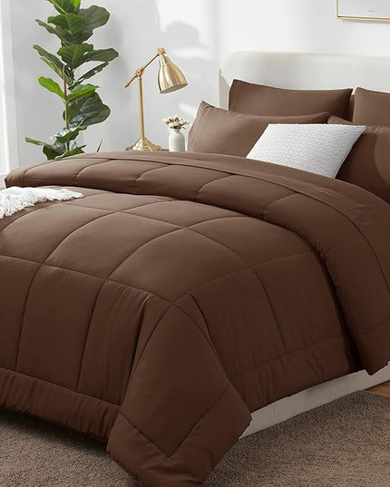 CozyLux King Size Comforter Set Brown, 7 Pieces Bed in a Bag, Brown Comforter King Size, All Season Bedding Sets with Stitch Quilted Comforter, Flat Sheet, Fitted Sheet, Pillowcases