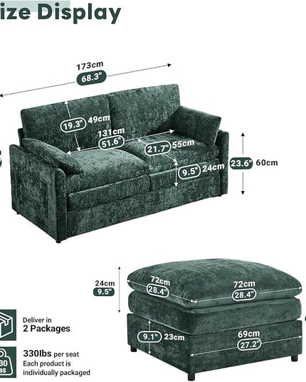 Tbfit Living Room Furniture Set, Loveseat Couch & Ottoman, Modern Comfy Cloud Sofa Set, Spring Seat Cushions, Chenille, Green