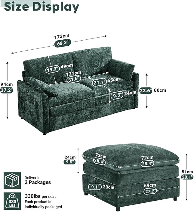 Tbfit Living Room Furniture Set, Loveseat Couch & Ottoman, Modern Comfy Cloud Sofa Set, Spring Seat Cushions, Chenille, Green