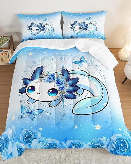 Cartoon Axolotl Comforter Twin Size,Cute Ocean Animal Bedding Set for Teens Girls Room Decor,Blue Comforter Set with 2 Pillowcases.
