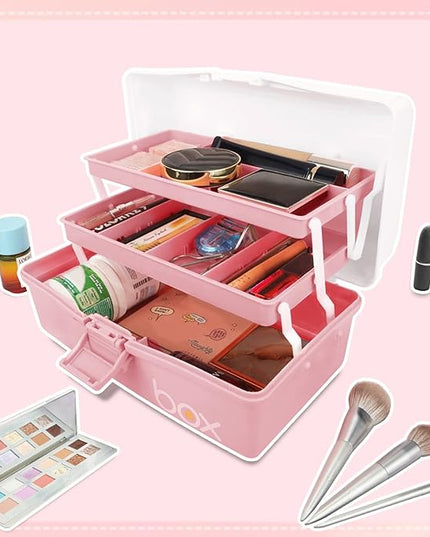 12in 3-Layer Plastic Craft Organizers and Storage, Portable Folding Tackle Box with Handle & Adjustable Dividers, Multipurpose Case for Sewing, Art Supplies, Medicine, Tools (White Pink)