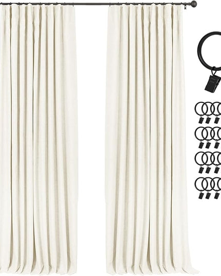 INOVADAY 100% Blackout Curtains for Bedroom, Black Out Curtains 90 Inch Long, Clip Rings Linen Blackout Drapes, Thermal Insulated Room Darkening for Living Room, 2 Panels - Lightcream,W50xL90