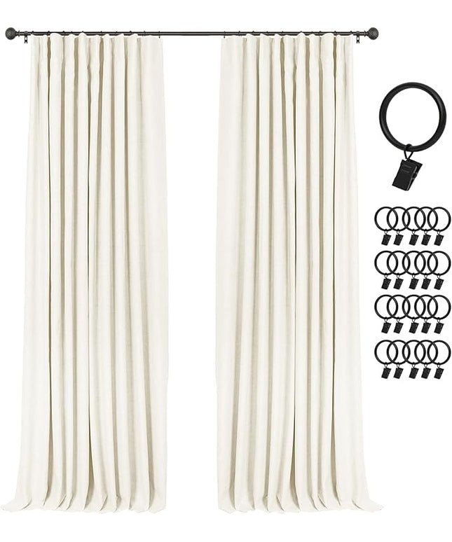 INOVADAY 100% Blackout Curtains for Bedroom, Black Out Curtains 90 Inch Long, Clip Rings Linen Blackout Drapes, Thermal Insulated Room Darkening for Living Room, 2 Panels - Lightcream,W50xL90