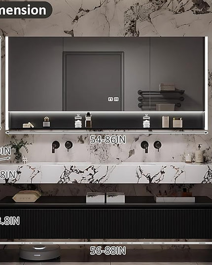 64IN Floating Bathroom Vanity - Bathroom Vanities with Sink, 3 Drawer & Includes LED Smart Mirror | 2 Layer Design, Black Vertical Stripe Bathroom Cabinets